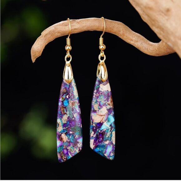 18K Yellow Gold with Natural Imperial Purple Blue Jasper Stone Hook Earrings - Picture 3 of 6